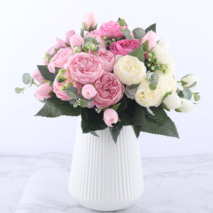 30cm Rose Pink Silk Peony Artificial Flowers Bouquet 5 Big Head and 4 Bud Cheap Fake Flowers for Home Wedding Decoration indoor - Kesheng special effect equipment