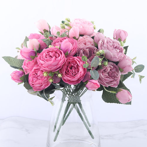 30cm Rose Pink Silk Peony Artificial Flowers Bouquet 5 Big Head and 4 Bud Cheap Fake Flowers for Home Wedding Decoration indoor - Kesheng special effect equipment